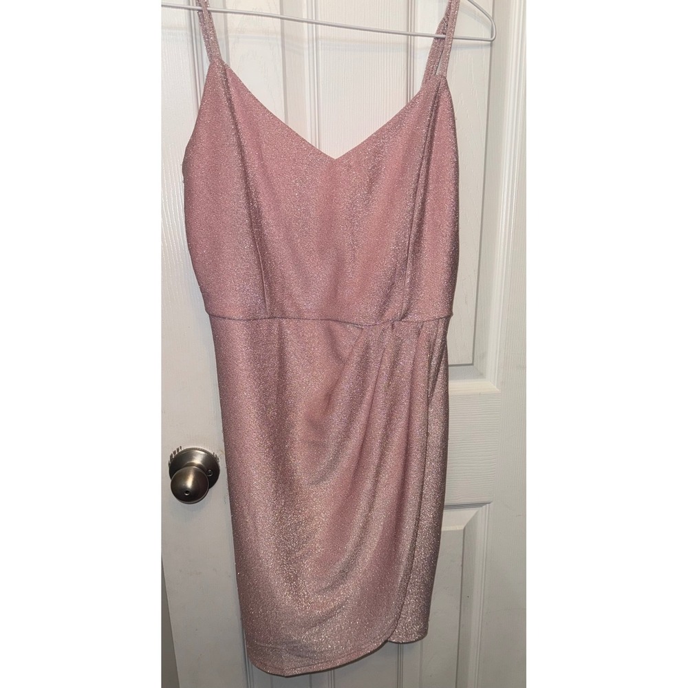 Mi Ami Pink Glitter Metallic Wrap Mini Dress V-Neck Spaghetti Strap Size L